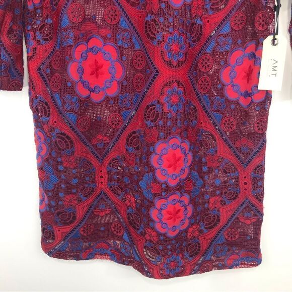 AMT NEW Deep Red Crochet Floral Mini Sheath Dress - Picture 3 of 13
